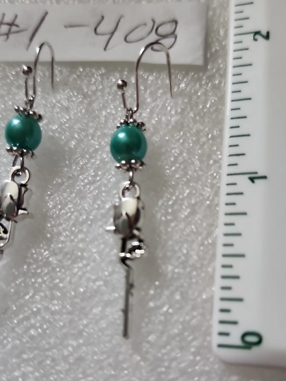 Hand Crafted Teal Bead Silver Rose Key Dangle Earrings